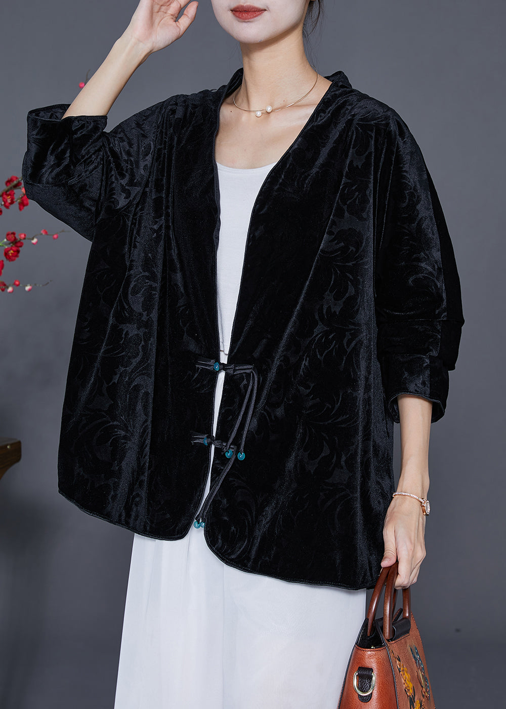 Black Jacquard Chinese Button Silk Velour Jackets Fall