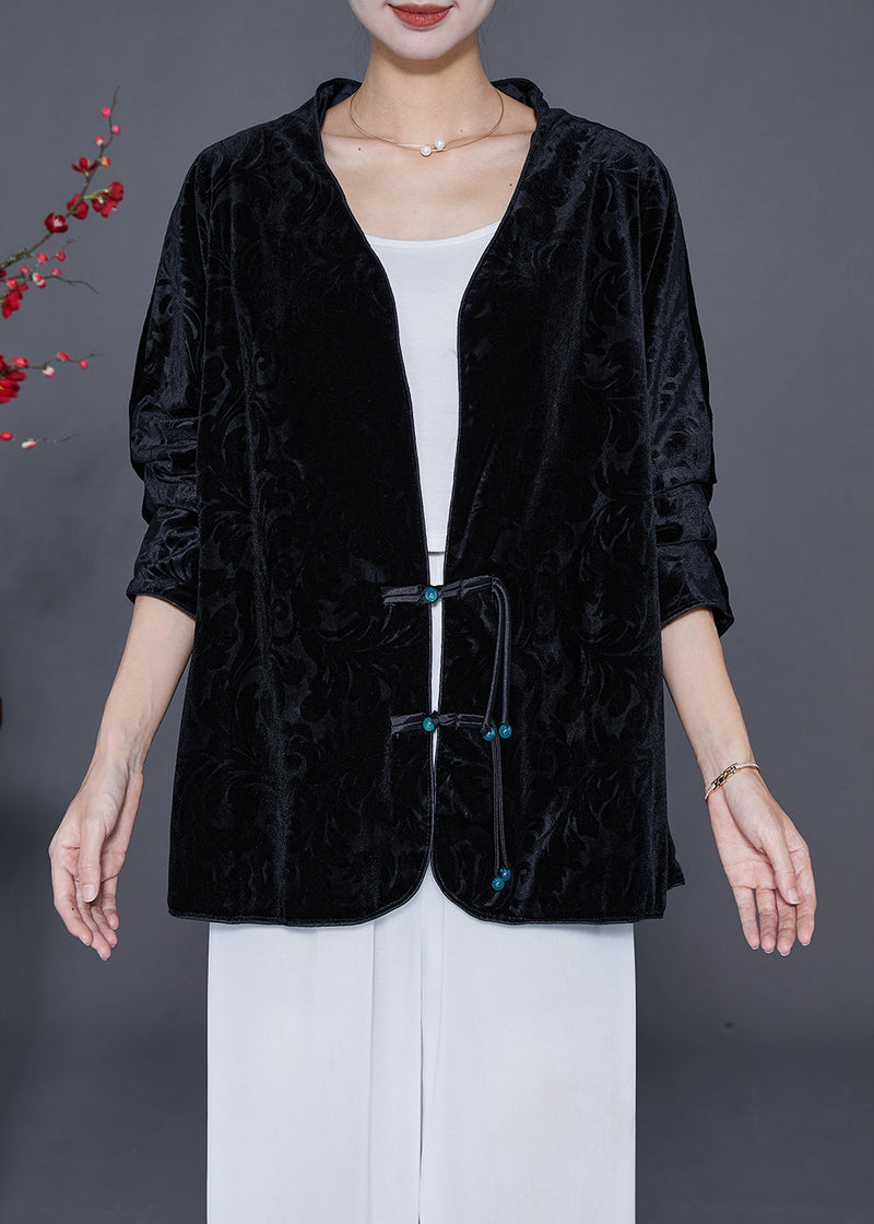 Black Jacquard Chinese Button Silk Velour Jackets Fall