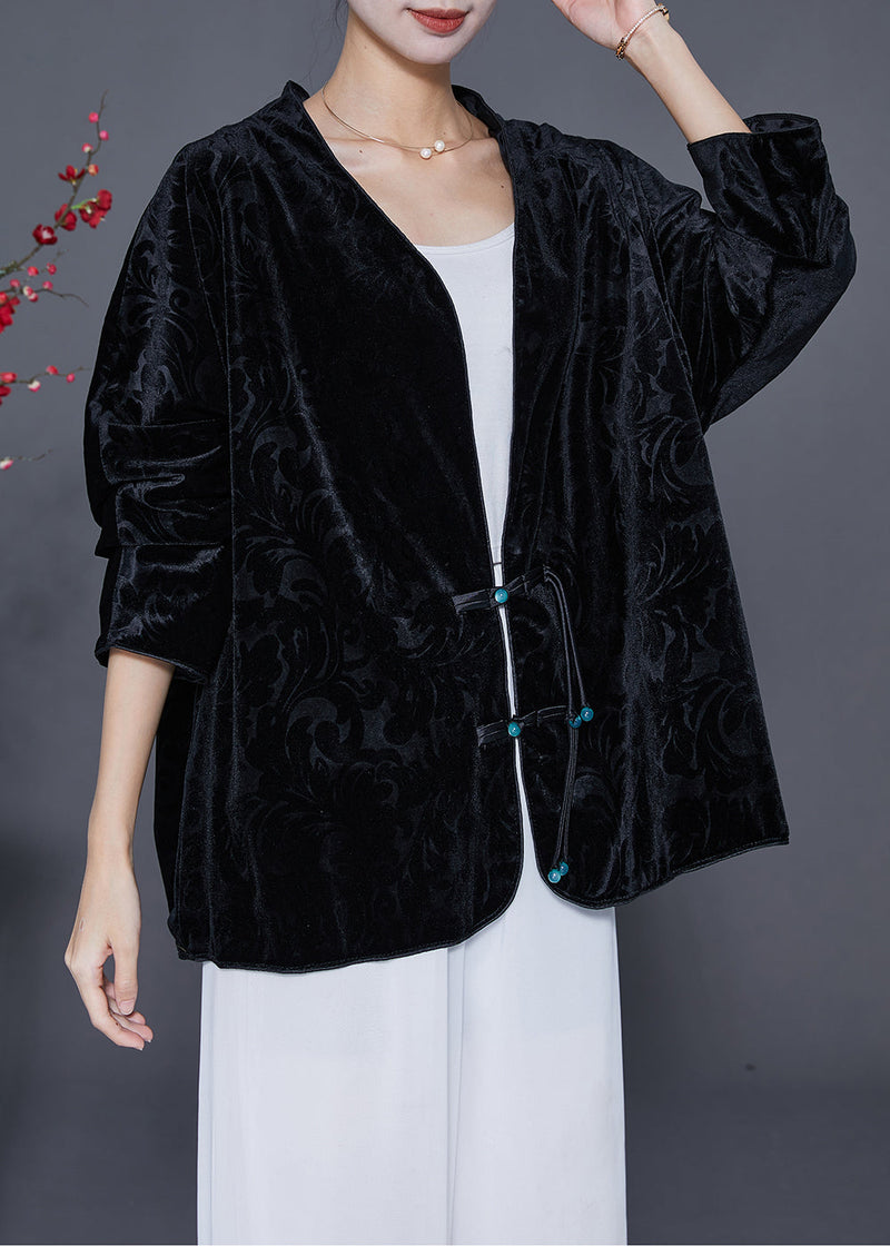 Black Jacquard Chinese Button Silk Velour Jackets Fall