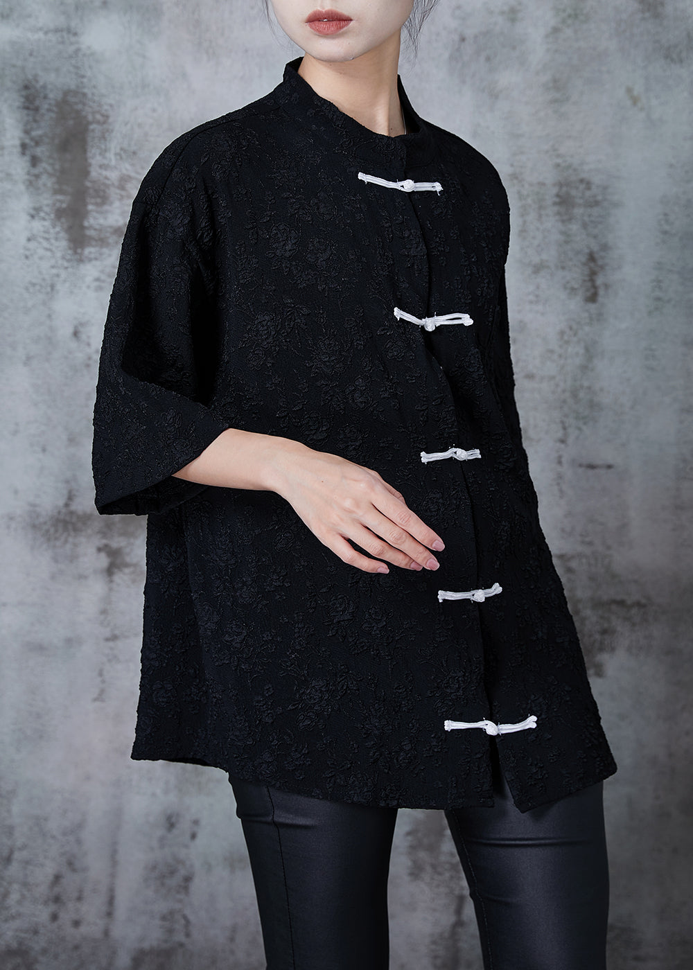Black Jacquard Loose Silk Shirt Top Chinese Button Summer