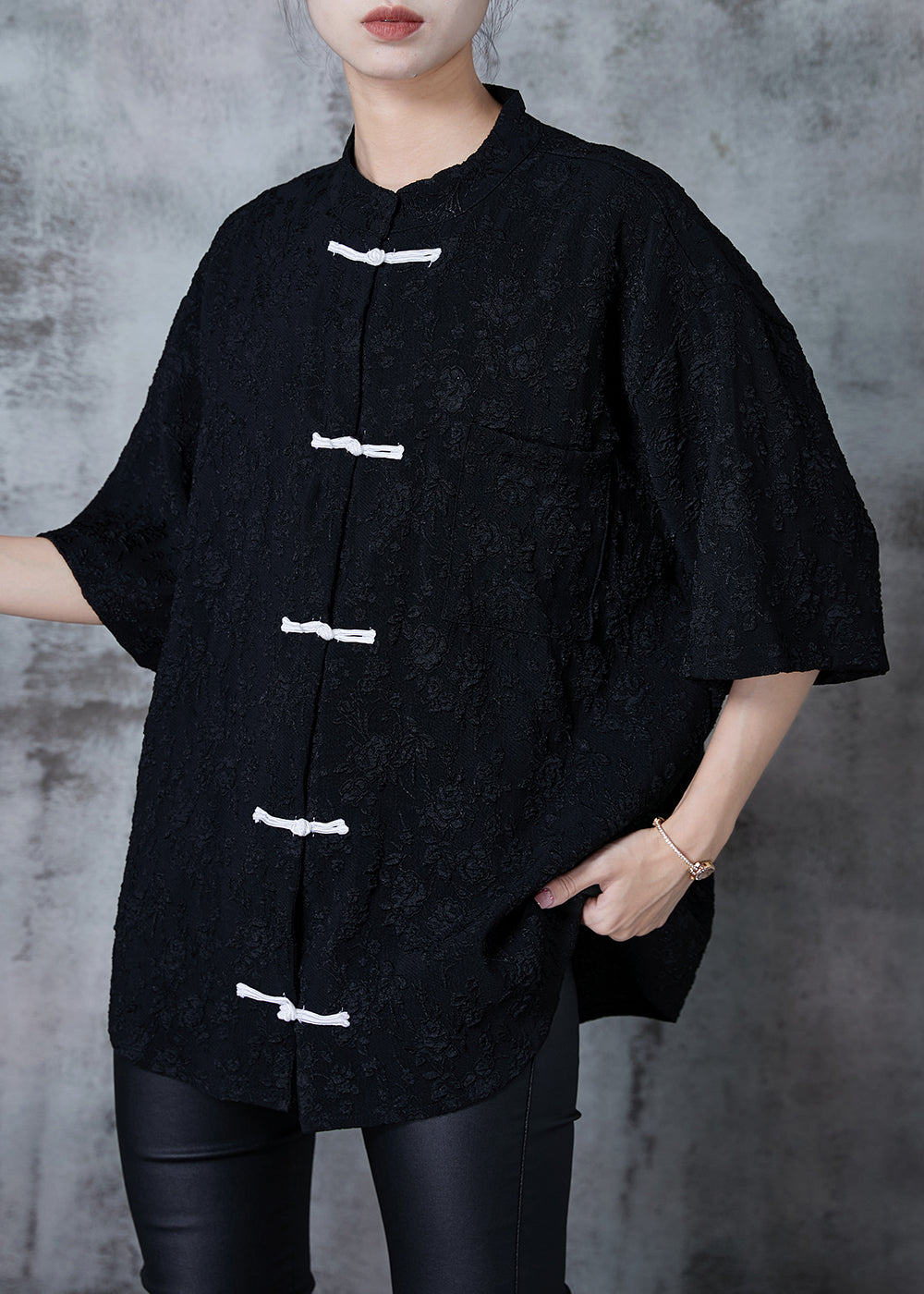 Black Jacquard Loose Silk Shirt Top Chinese Button Summer