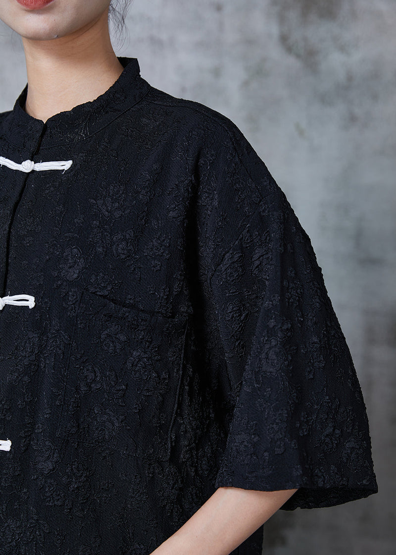 Black Jacquard Loose Silk Shirt Top Chinese Button Summer
