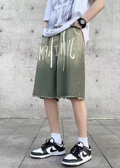 Black Letter Elastic Waist Denim Shorts Summer