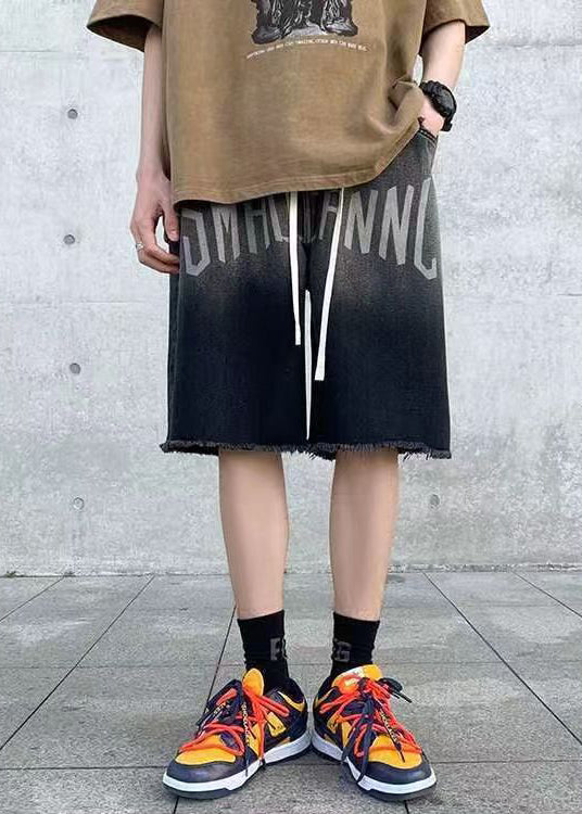 Black Letter Elastic Waist Denim Shorts Summer