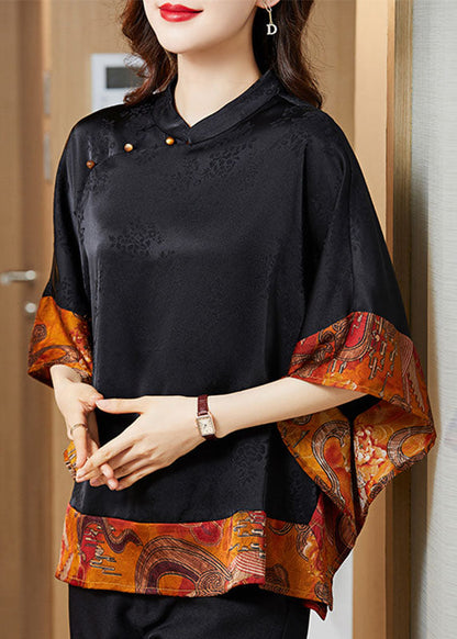 Black Plaid Mandarin Collar Asymmetrical Patchwork Jacquard Silk Shirts Batwing Sleeve