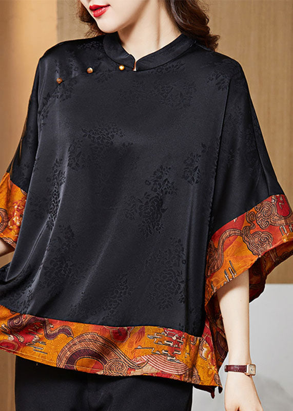 Gray Flower Mandarin Collar Asymmetrical Patchwork Jacquard Silk Shirts Batwing Sleeve