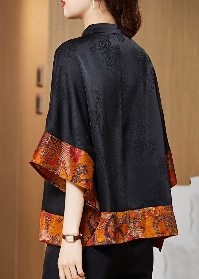White Plaid Mandarin Collar Asymmetrical Patchwork Jacquard Silk Shirts Batwing Sleeve