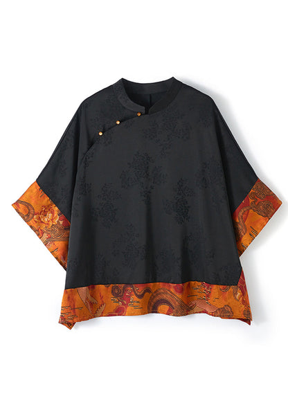 Gray Flower Mandarin Collar Asymmetrical Patchwork Jacquard Silk Shirts Batwing Sleeve