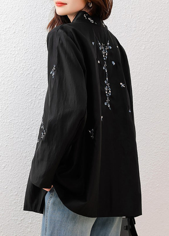 Vintage Black Mandarin Collar Embroidered Cotton Tops Fall