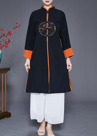 Black Mandarin Collar Embroideried Silk Trench Fall