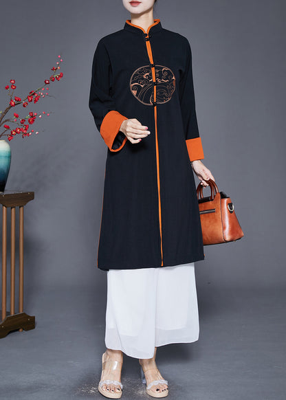 Black Mandarin Collar Embroideried Silk Trench Fall