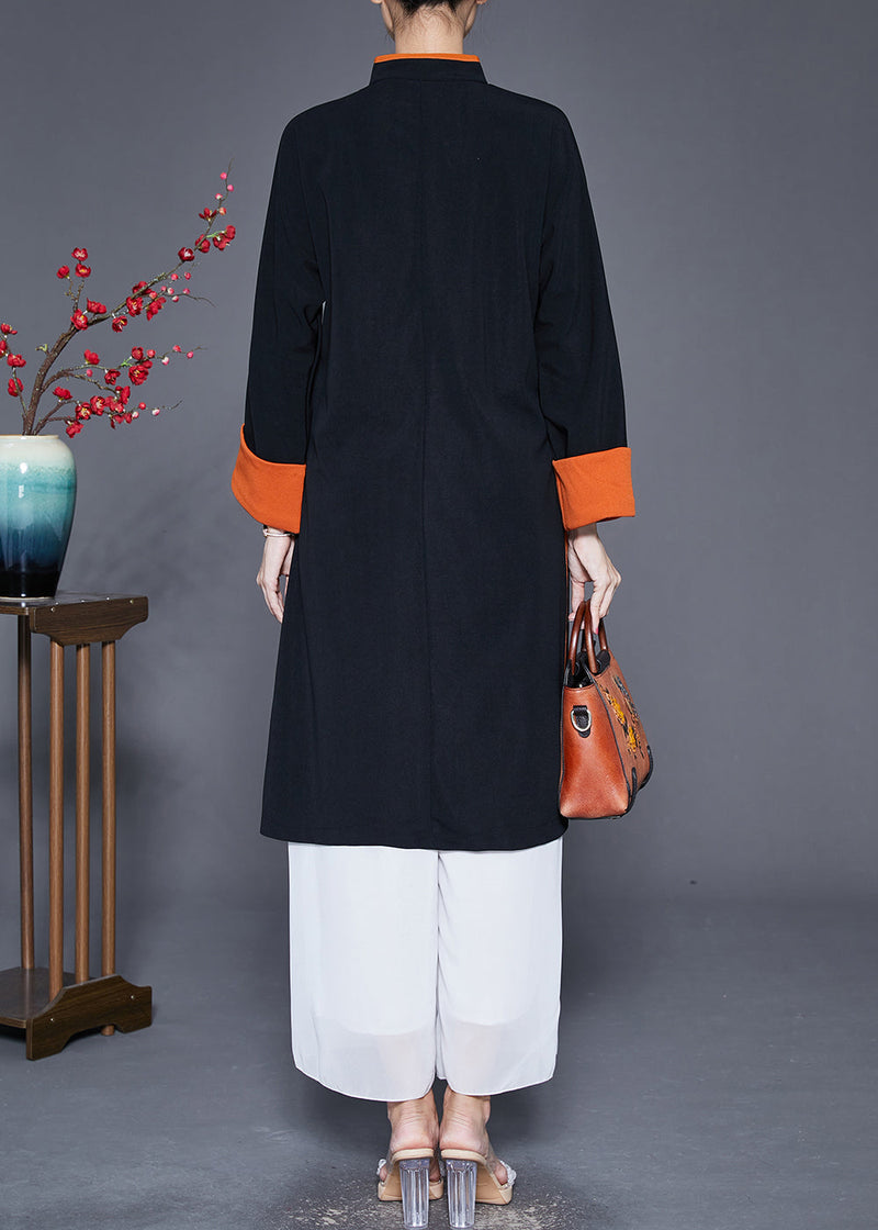 Black Mandarin Collar Embroideried Silk Trench Fall