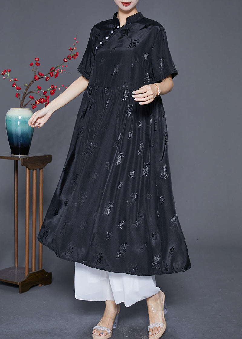 Black Mandarin Collar Jacquard Exra Large Hem Silk Dresses Summer