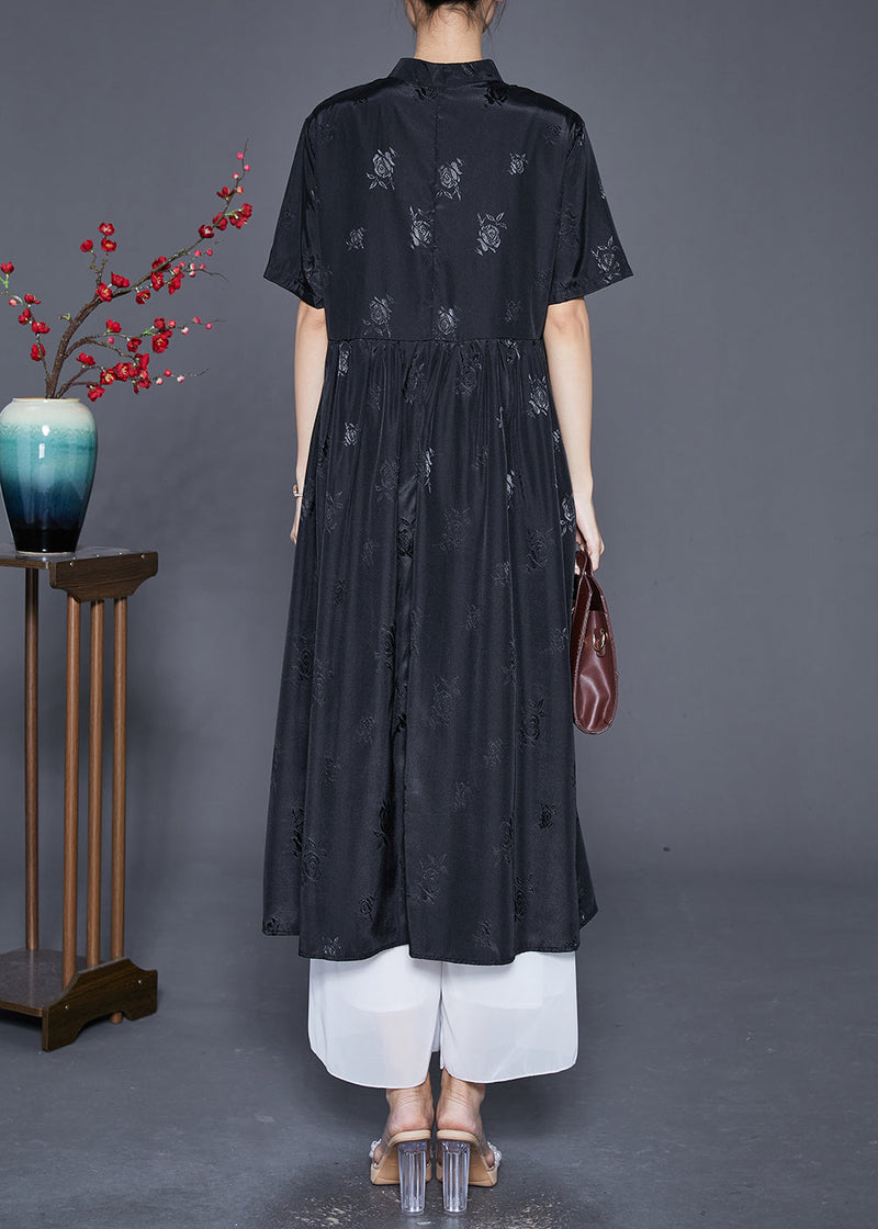 Black Mandarin Collar Jacquard Exra Large Hem Silk Dresses Summer
