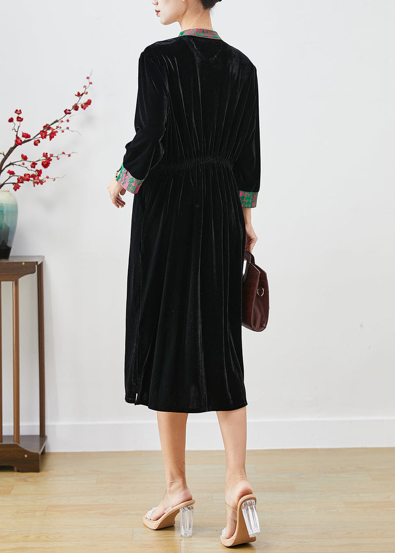 Black Mandarin Collar Patchwork Silk Velour Dresses Fall