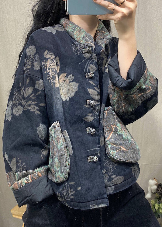 Black Mandarin Collar Print Fine Cotton Filled Witner Coat