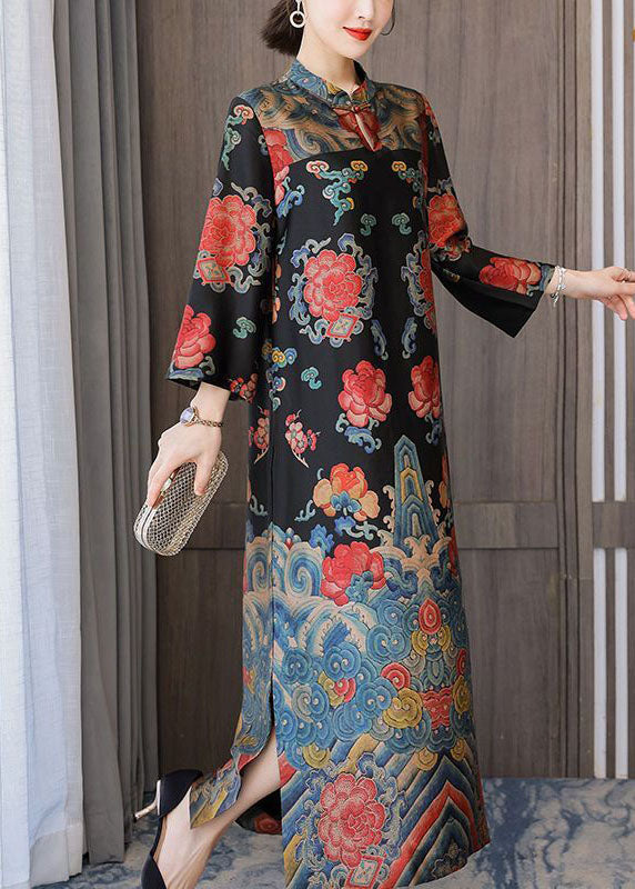 Black Mandarin Collar Print Silk Long Dresses Bracelet Sleeve