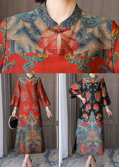Black Mandarin Collar Print Silk Long Dresses Bracelet Sleeve