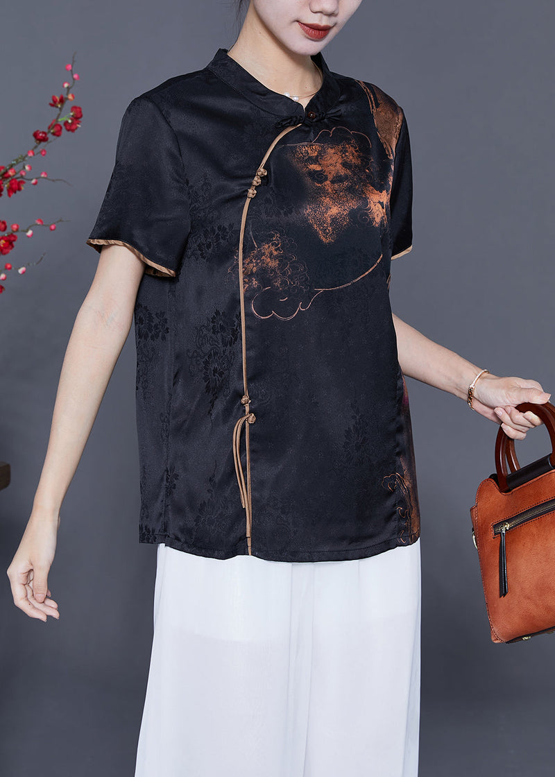 Black Mandarin Collar Print Silk Top Summer