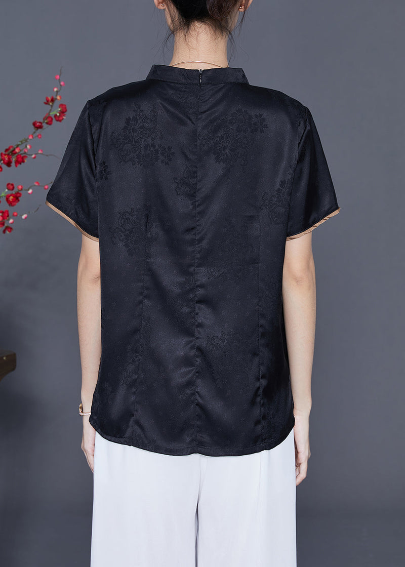 Black Mandarin Collar Print Silk Top Summer