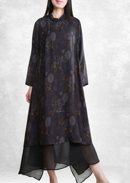 Black Mandarin Collar Tulle Patchwork Fake Two Piece Dress Long Sleeve