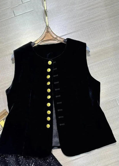 Black O-neck Button Silk Velour Waistcoat Sleeveless