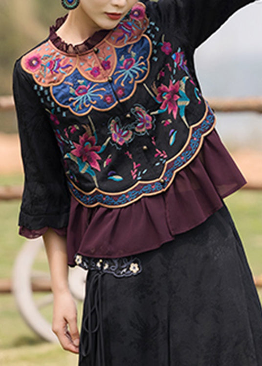 Black O-neck Embroideried Ruffled Chiffon Tops Long Sleeve
