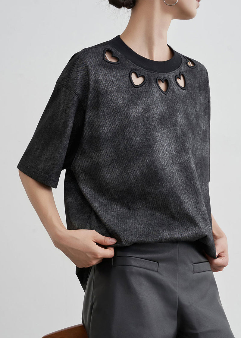 Black O Neck Hollow Out Cotton T Shirt Summer