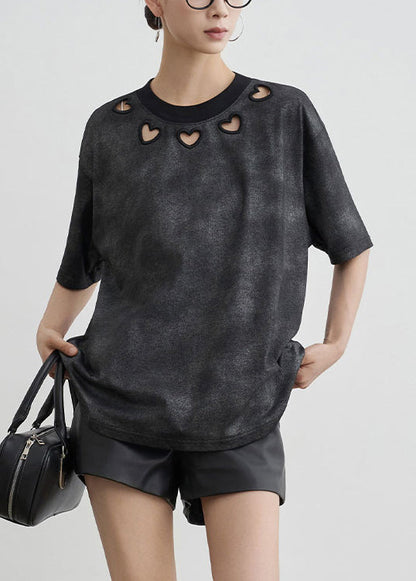 Black O Neck Hollow Out Cotton T Shirt Summer