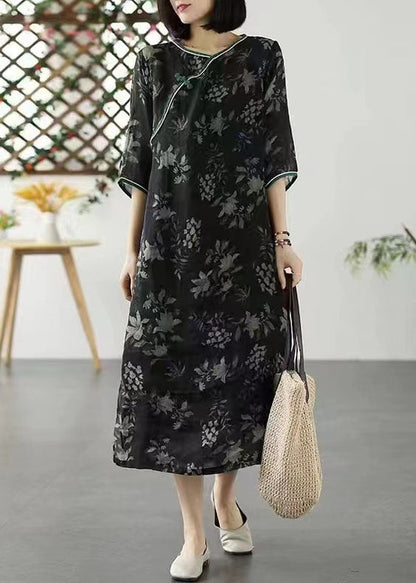 Black O Neck Patchwork Long Linen Dresses Summer