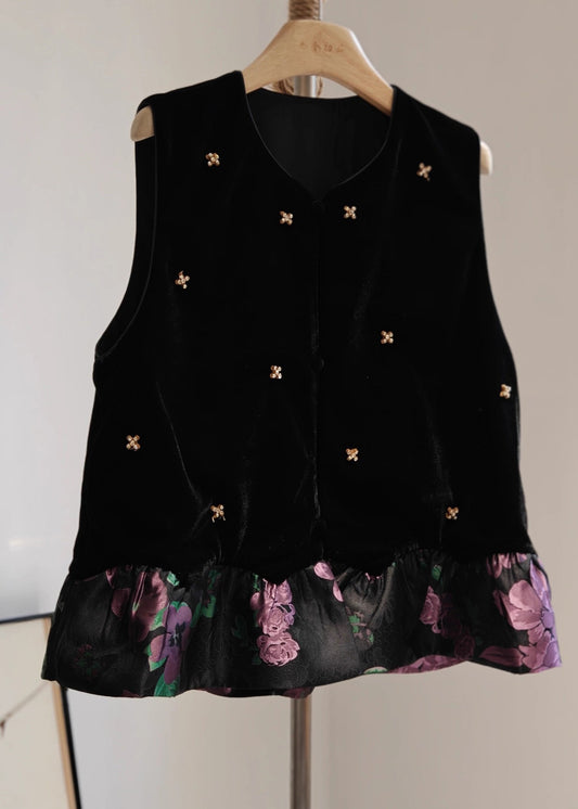Black O-neck Patchwork Silk Velour Waistcoat Sleeveless