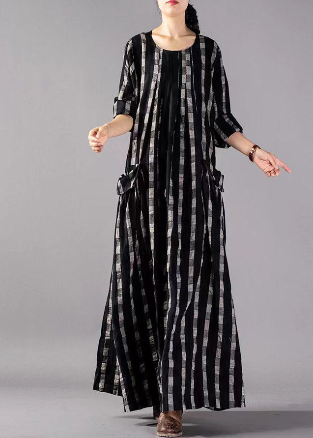 Black O-neck Plaid Print Cotton Long Dresses Long Sleeve