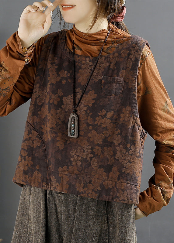 Black O Neck Print Linen Vest Sleeveless