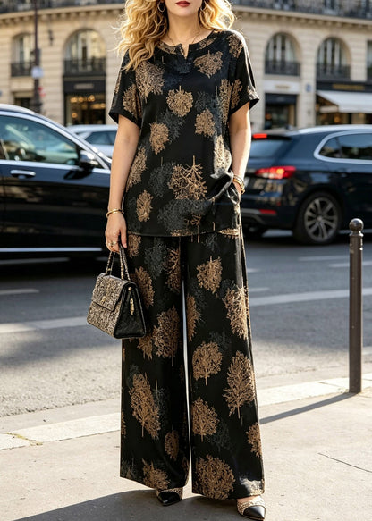 Black O-neck Print T Shirts and Wide Leg Pants Silk Two Piece Set Summer