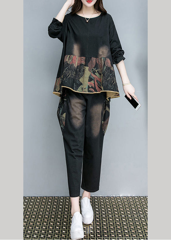 Black O-neck Print Top and Pants Two Pieces Set Fall