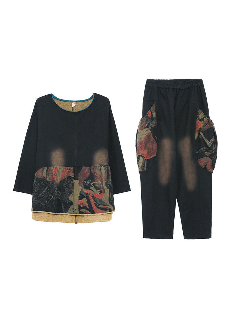 Black O-neck Print Top and Pants Two Pieces Set Fall