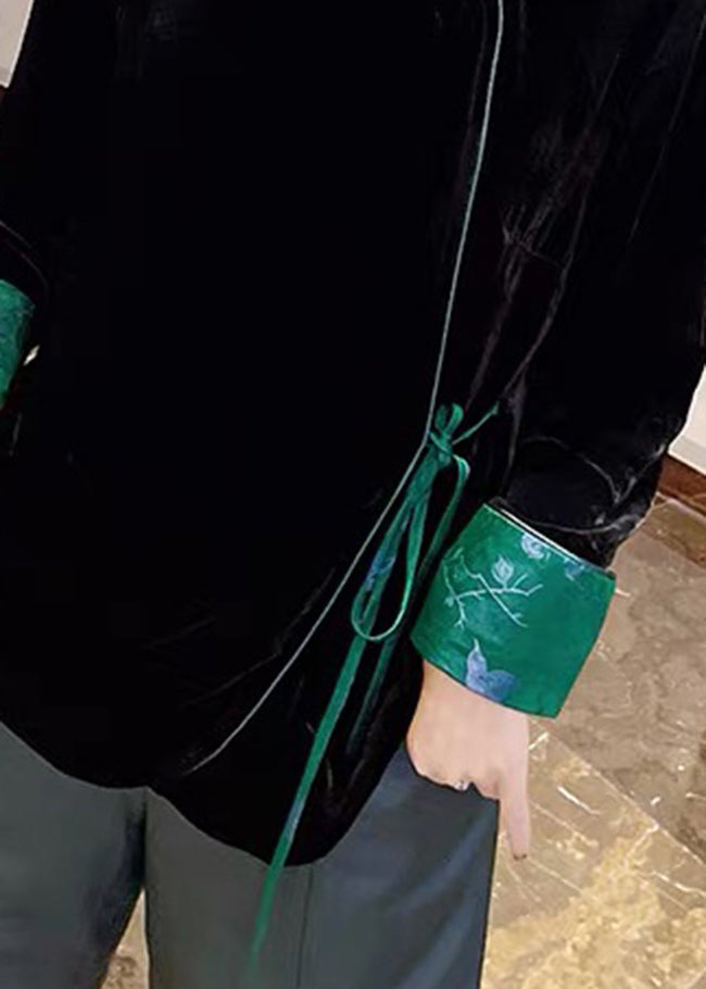 Black O-neck Tie Waist Patchwork Velour Coat Long Sleeve