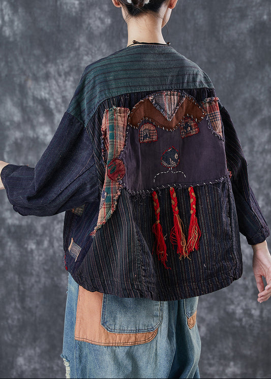 Black Oversized Patchwork Applique Cotton Coat Outwear Spring