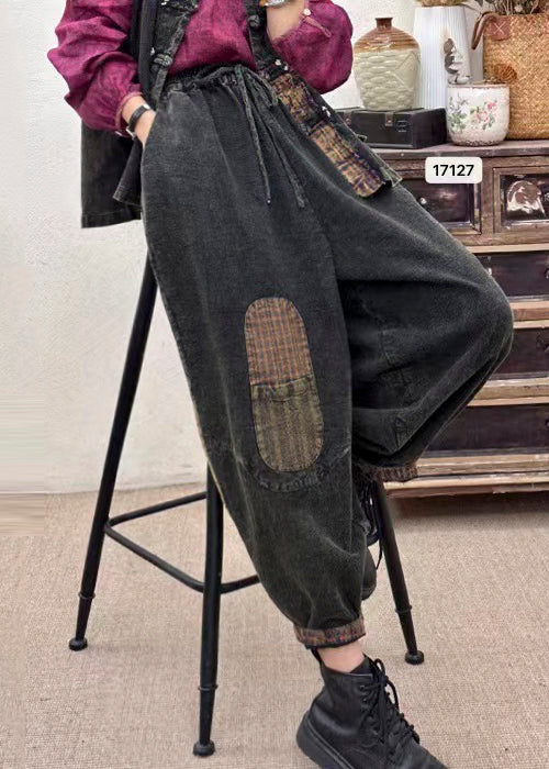 Black Oversized Patchwork Applique Linen Harem Pants Spring