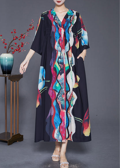 Black Oversized Wrinkled Print Chiffon Long Dress Summer