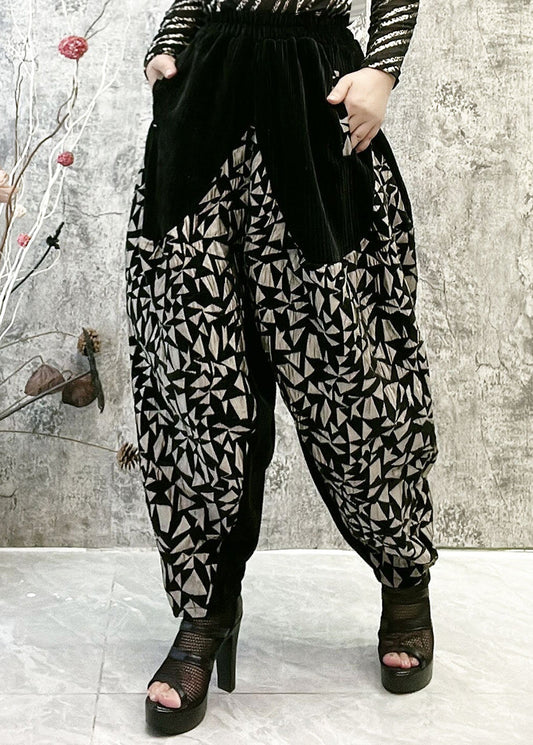 Black Patchwork Gold Print High Waist Thick Velour Lantern Pants Winter