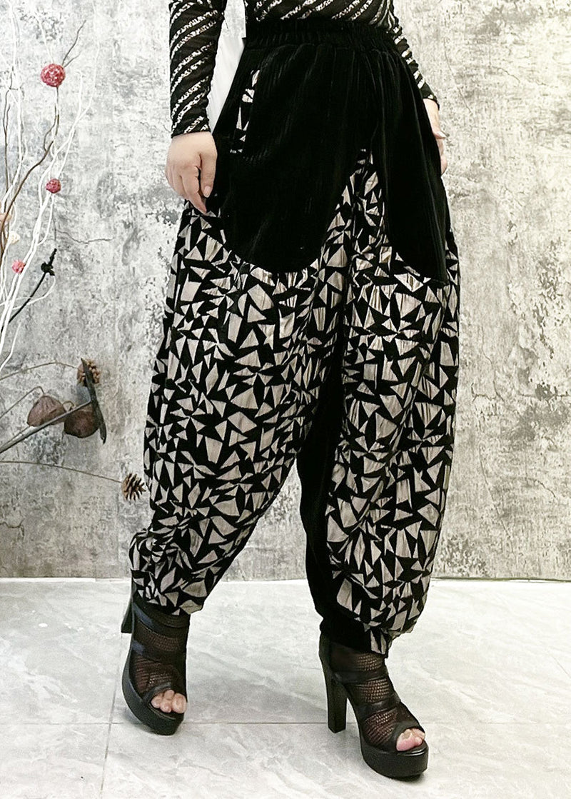 Black Patchwork Gold Print High Waist Thick Velour Lantern Pants Winter