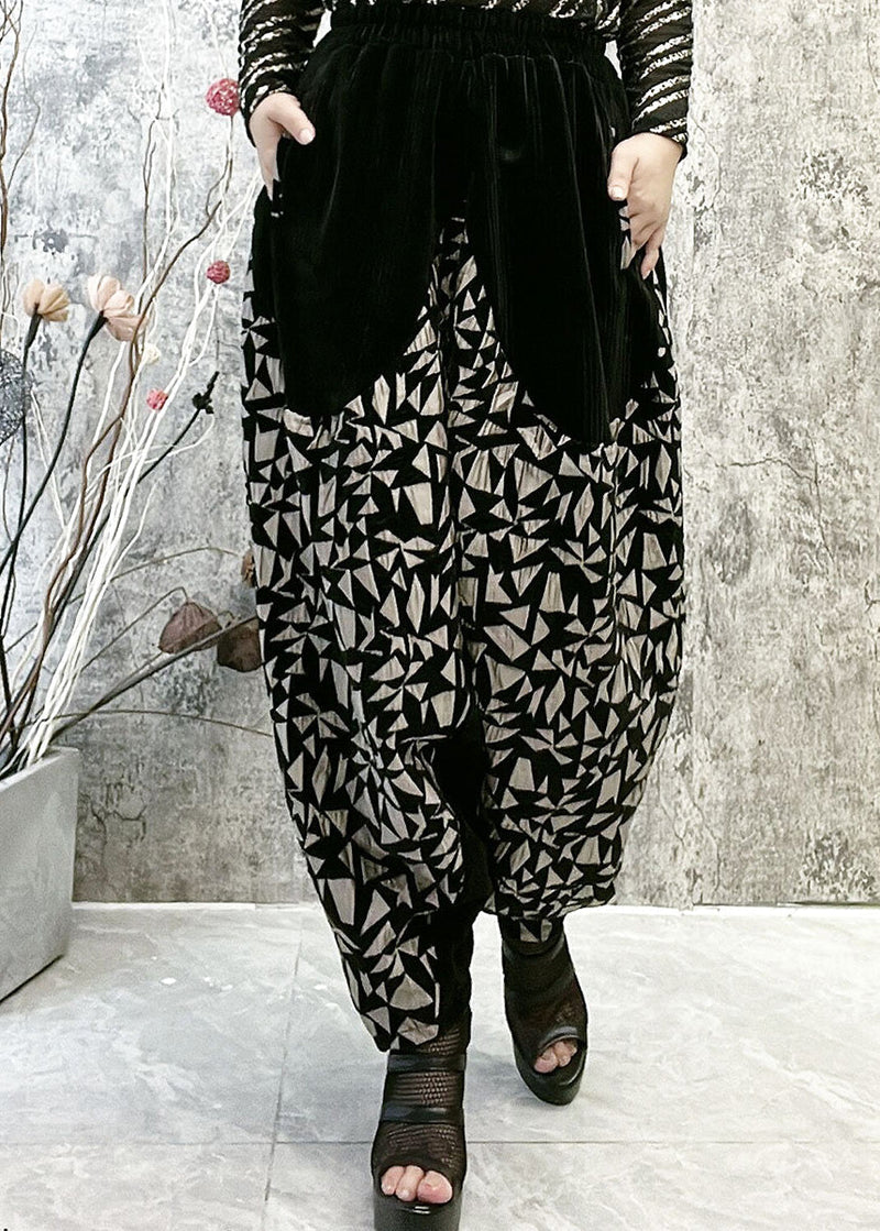 Black Patchwork Gold Print High Waist Thick Velour Lantern Pants Winter