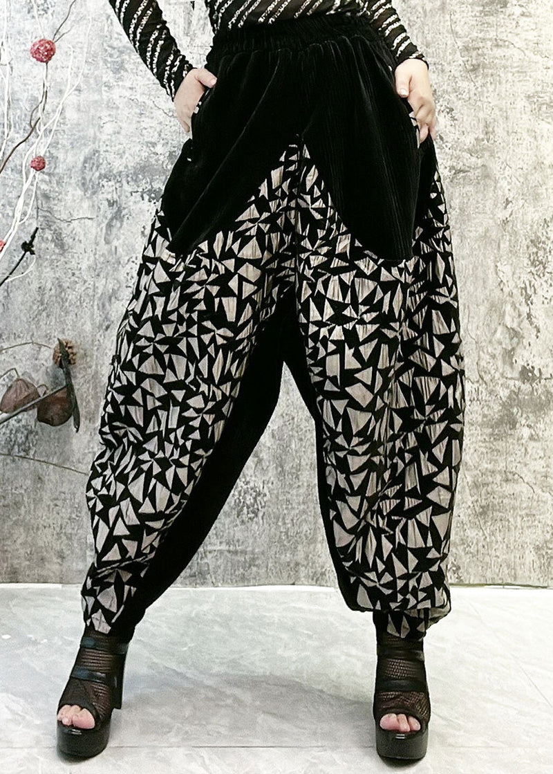 Black Patchwork Gold Print High Waist Thick Velour Lantern Pants Winter