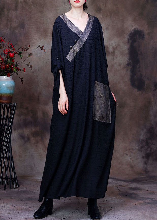 Black Patchwork Pocket Wrinkled Oriental Button Silk Dress Long Sleeve