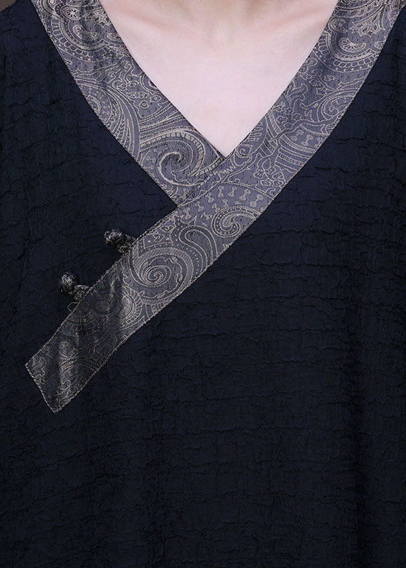 Black Patchwork Pocket Wrinkled Oriental Button Silk Dress Long Sleeve