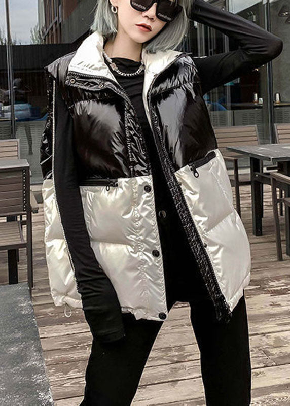 Black Patchwork White Pockets Bow Winter Sleeveless Puffer Vest