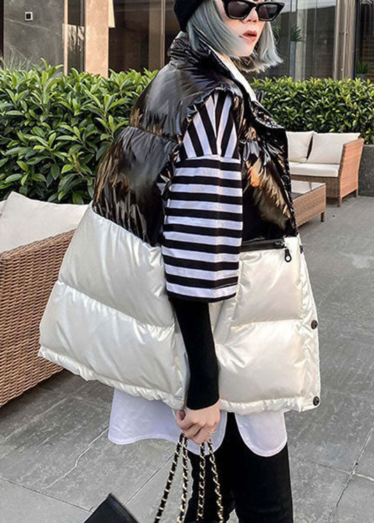 Black Patchwork White Pockets Bow Winter Sleeveless Puffer Vest