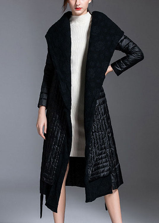 Black Patchwork Tie Waist Winter Down Coat