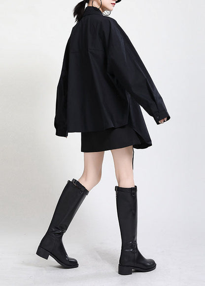 Vintage Black Peter Pan Collar Button Asymmetrical Design Drawstring Fall Shirts Long sleeve